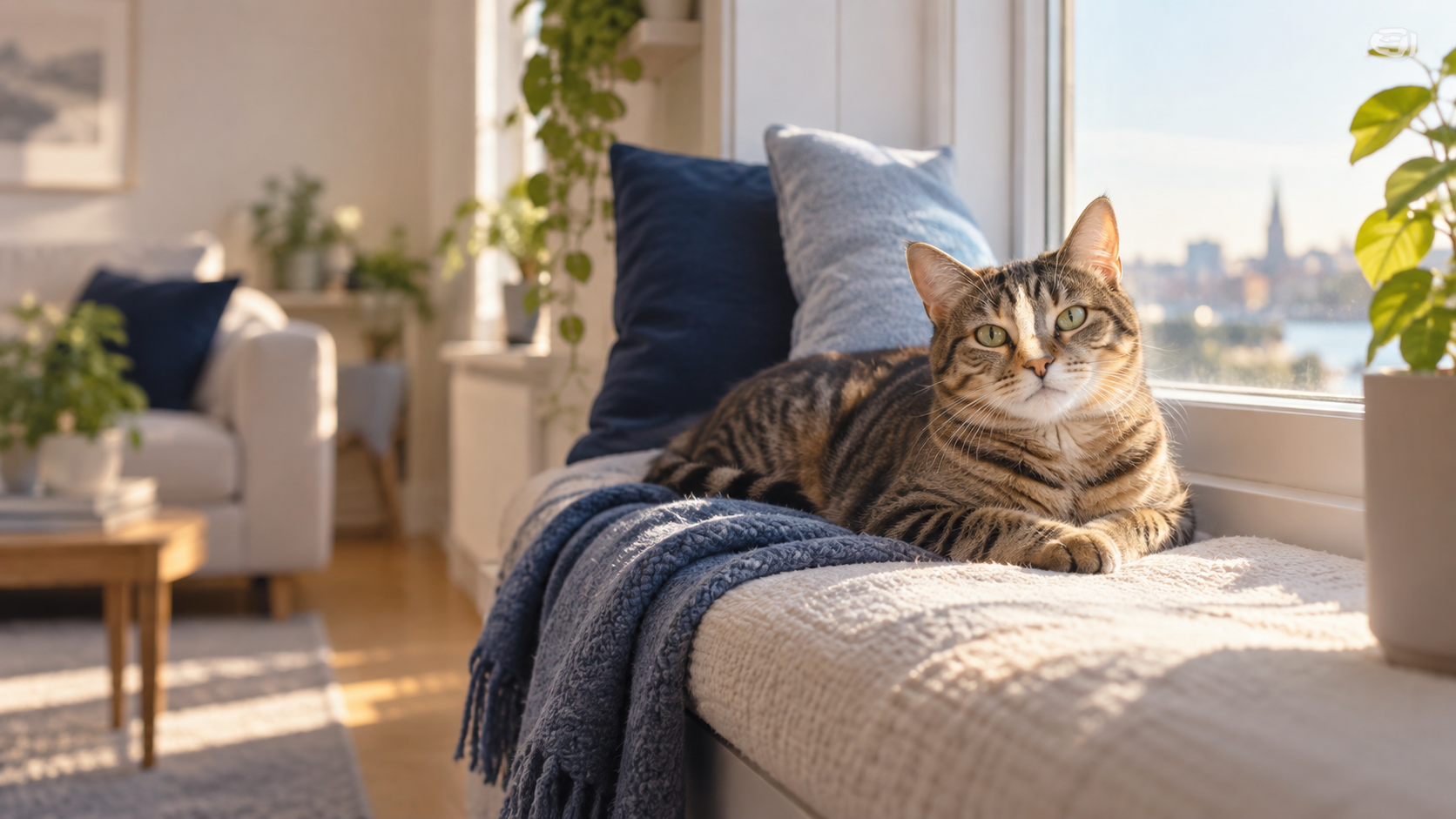 A relaxed tabby cat in a sunlit home